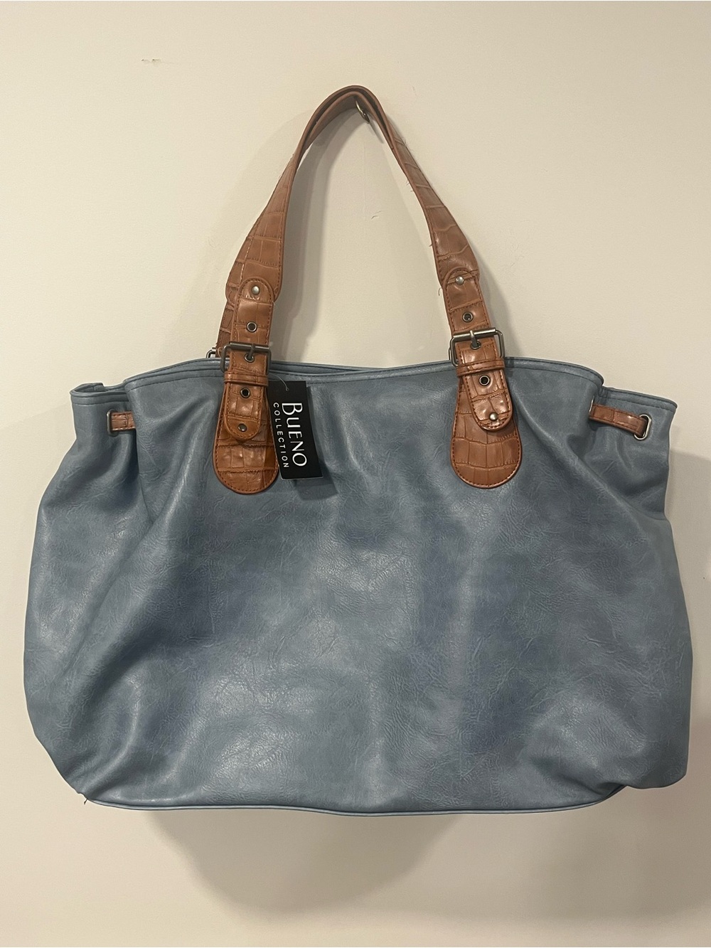 Blue Shoulder Tote with Brown Handles Faux Leather